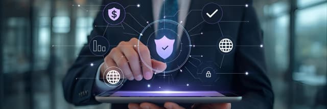 A person using a digital touchscreen tablet with floating security, finance, and global network icons visualized around their hand.