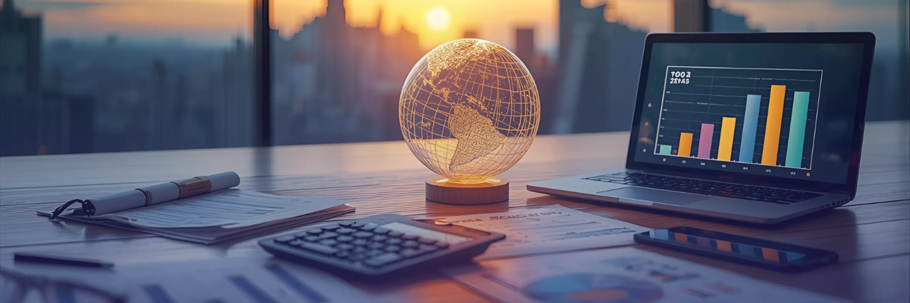 A desk with financial documents, a glowing world globe, and a laptop displaying analytics against a city skyline at sunset