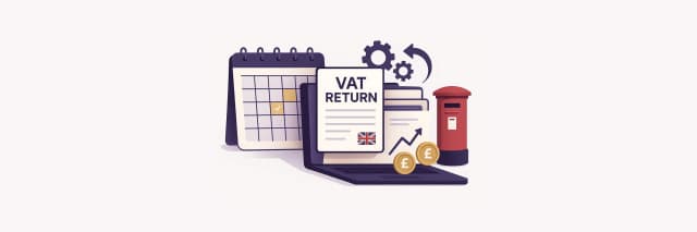 VAT return filing illustration showing calendar, laptop with VAT form, pound coins, and HMRC mailbox – guide on when to file VAT returns and how to prepare for monthly or quarterly submissions.