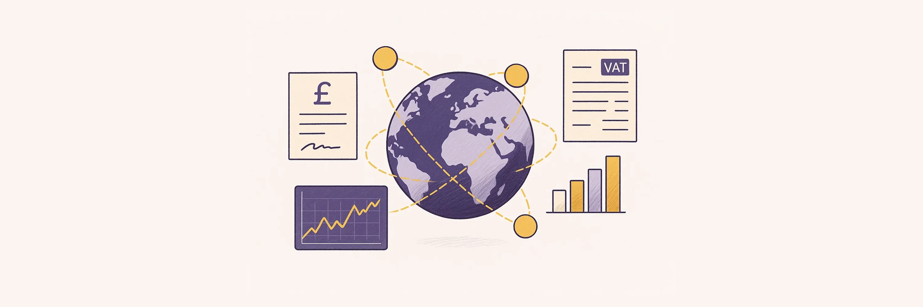 Global cross-border tax and accounting illustration showing VAT documents, financial charts, and international value flows around the globe.