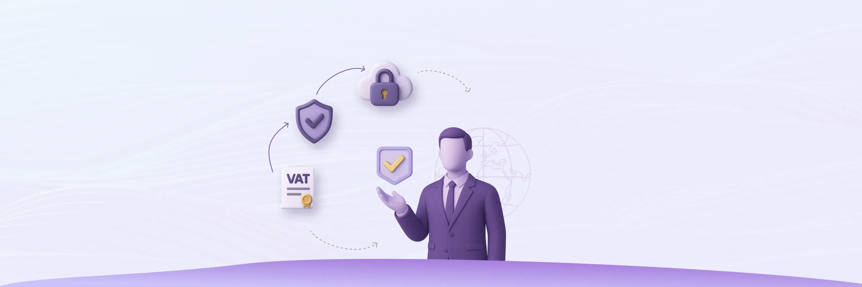 Illustration of secure EU VAT ID verification process showing a business professional, VAT certificate, and cloud security icons, representing compliance through VIES checks.