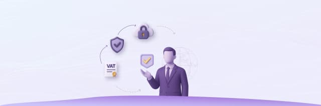 Illustration of secure EU VAT ID verification process showing a business professional, VAT certificate, and cloud security icons, representing compliance through VIES checks.