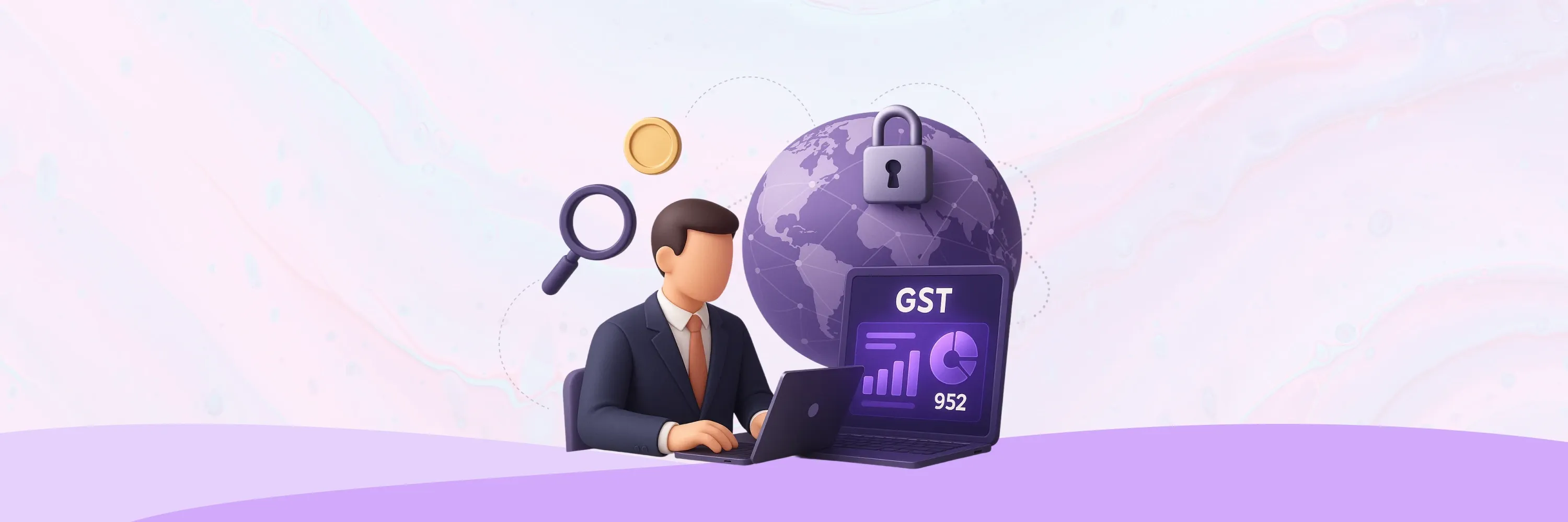 GST compliance concept illustration showing business professional with laptop, global tax security, and digital reporting icons.