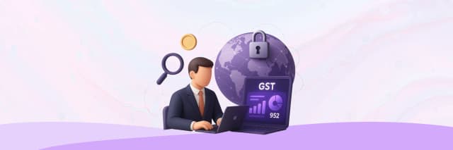 GST compliance concept illustration showing business professional with laptop, global tax security, and digital reporting icons.