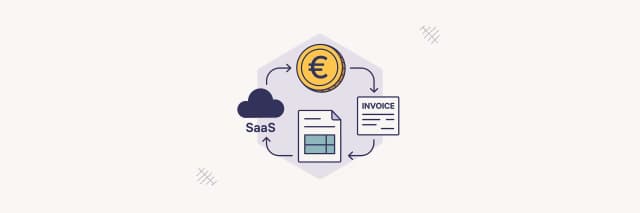 VAT compliance for SaaS and digital services illustration showing euro coin, invoices, and cloud software subscription cycle.