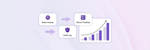 VAT tax calculator process illustration showing rates lookup, audit log, nexus tracking, and growing bar chart for accurate VAT returns.