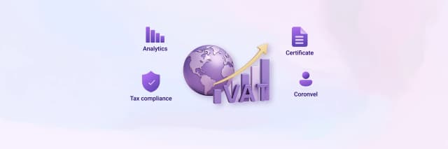 3D illustration showing global VAT growth with analytics, tax compliance, and certificate icons around a purple globe and upward arrow.