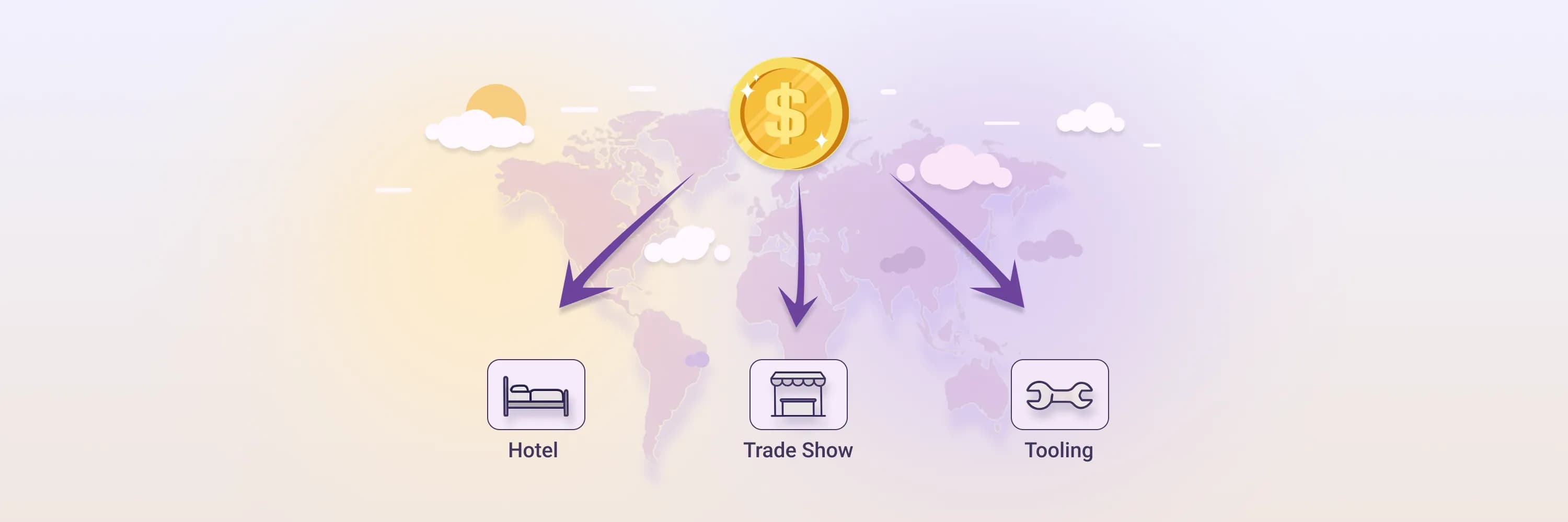 Visual representation of VAT refund opportunities on international business expenses including hotel stays, trade shows, and tooling costs.