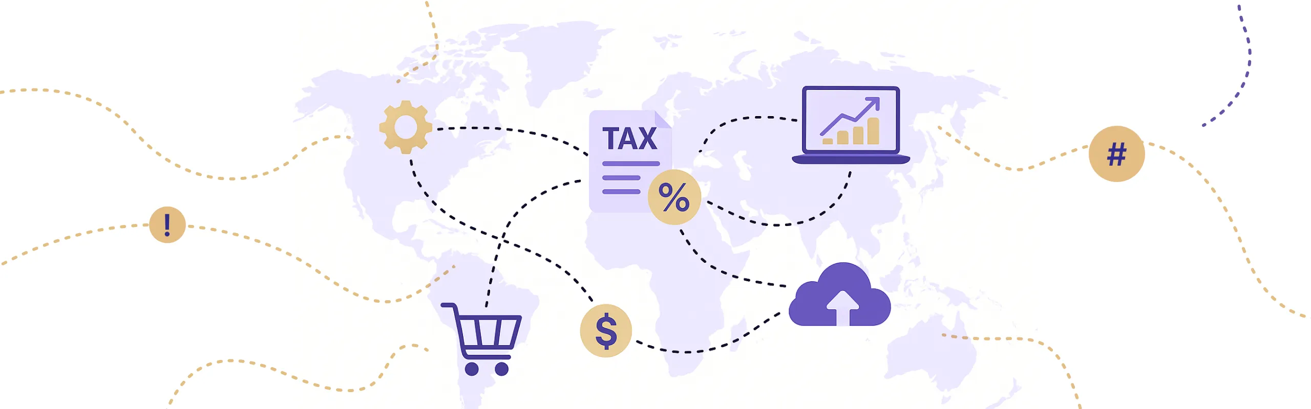 Global sales tax compliance concept with world map and icons for tax documents, percentage rates, e-commerce cart, currency, cloud storage, and financial reporting.