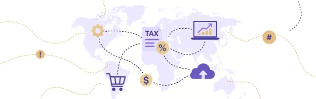 Global sales tax compliance concept with world map and icons for tax documents, percentage rates, e-commerce cart, currency, cloud storage, and financial reporting.