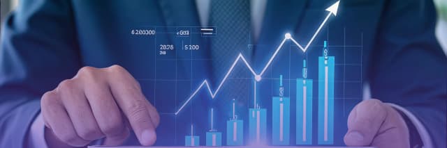A businessman interacting with a digital tablet displaying holographic bar and line charts representing financial growth and data analysis.