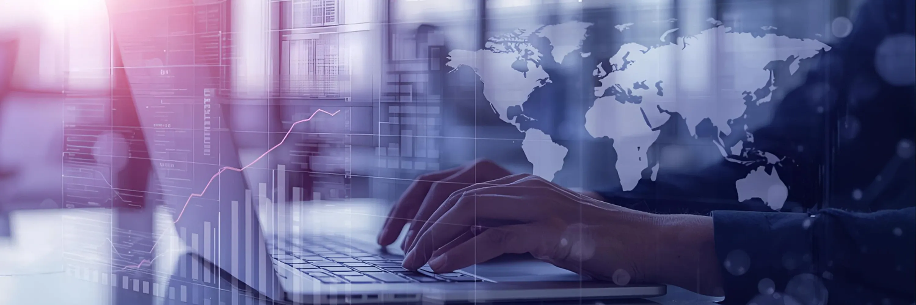 A person typing on a laptop with a digital overlay of world maps and financial charts, symbolizing global business and data analysis.