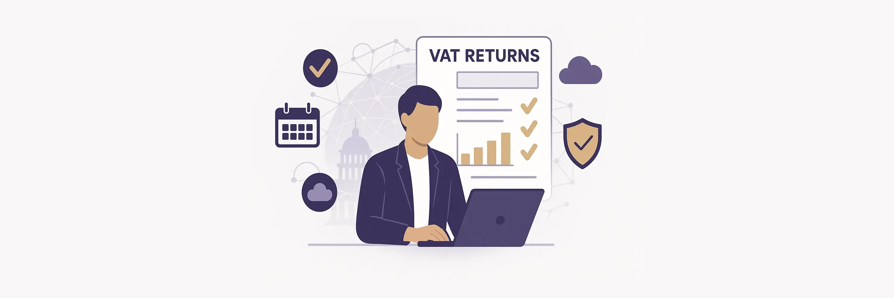 Illustration of a business professional filing VAT returns online with digital tools including calendar, checklist, and security shield icons, representing streamlined VAT compliance and electronic tax submission.
