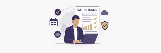 Illustration of a business professional filing VAT returns online with digital tools including calendar, checklist, and security shield icons, representing streamlined VAT compliance and electronic tax submission.