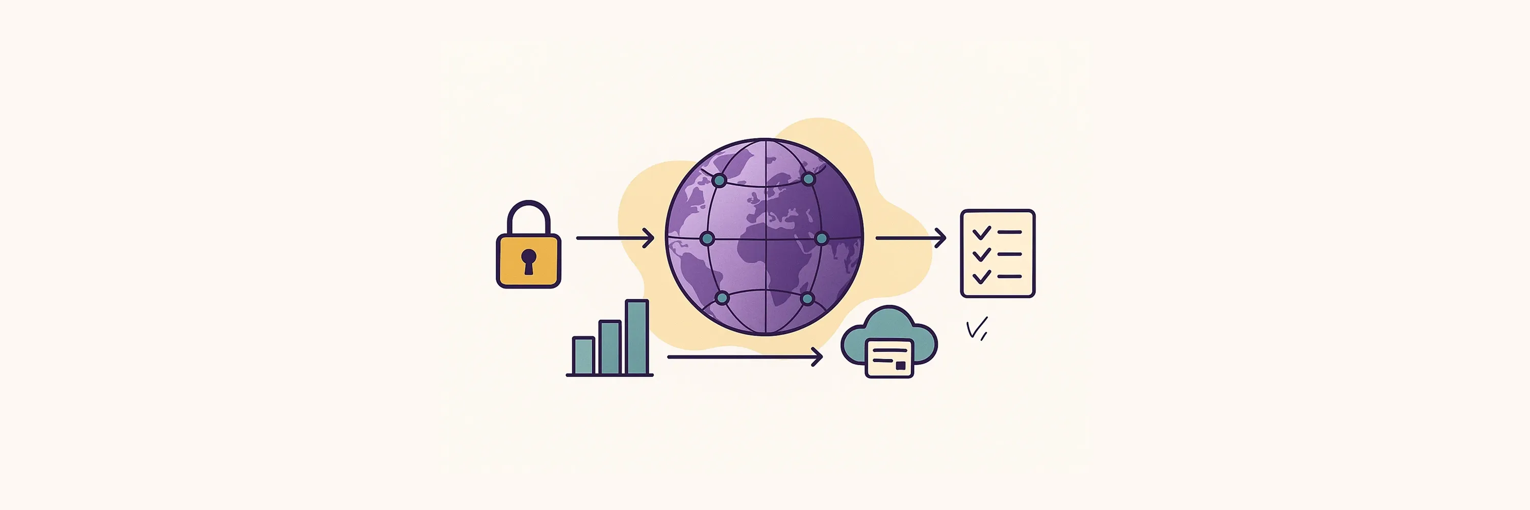 VAT return process illustration showing secure records, global compliance, digital filing, and checklist verification.