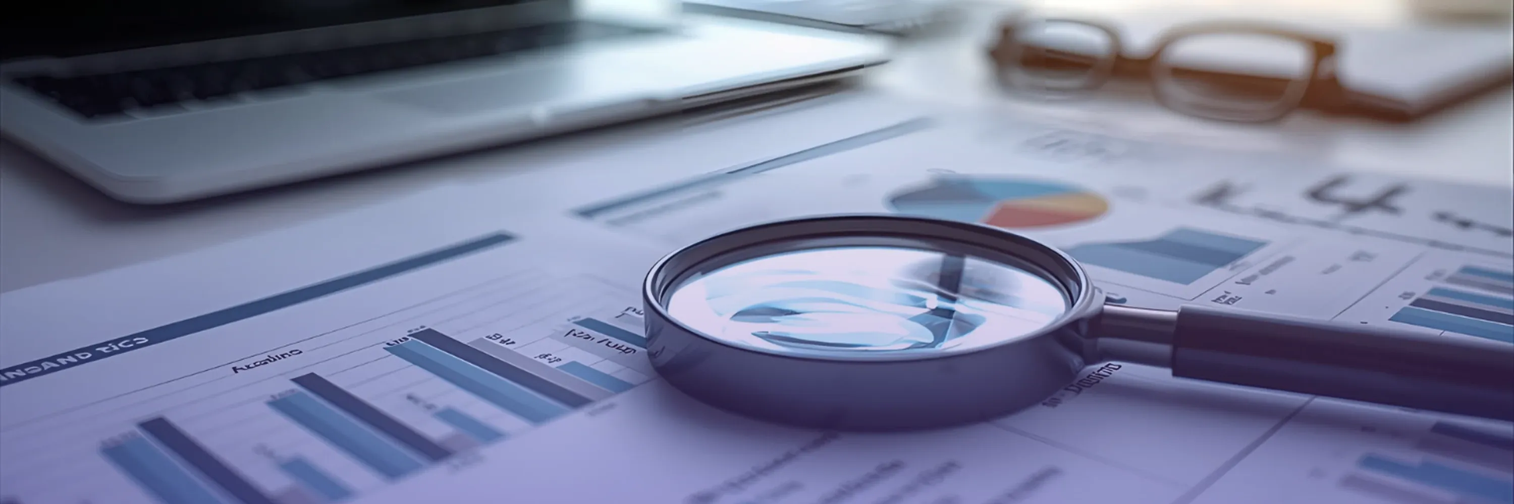 A magnifying glass highlights financial charts and data on printed reports, symbolizing detailed tax and business analysis on a modern desk