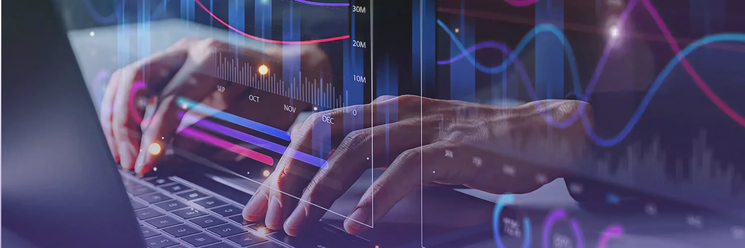 Hands typing on a laptop with overlaid glowing analytics charts, graphs, and data visualizations representing digital finance and technology.