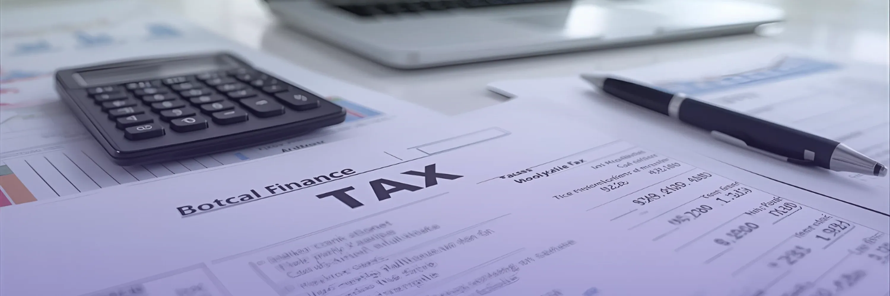 A close-up of tax documents on a desk with a calculator and pen, representing financial reporting and business tax preparation