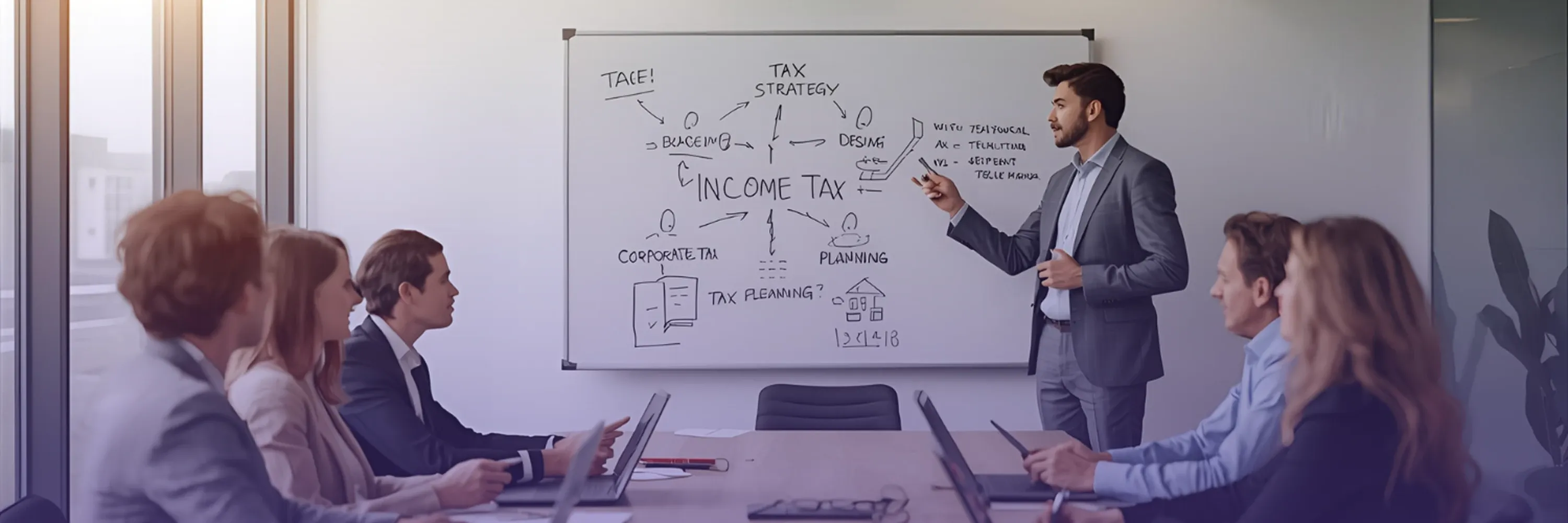 A business team attends a meeting where a presenter explains income tax and tax strategy concepts on a whiteboard in a modern office