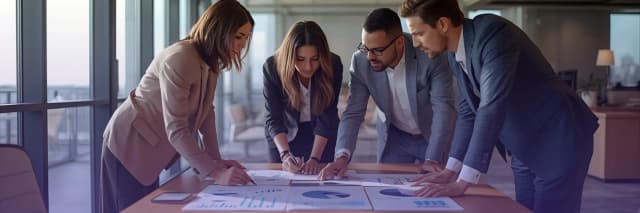 A group of business professionals lean over a table reviewing charts and financial reports during a strategy meeting