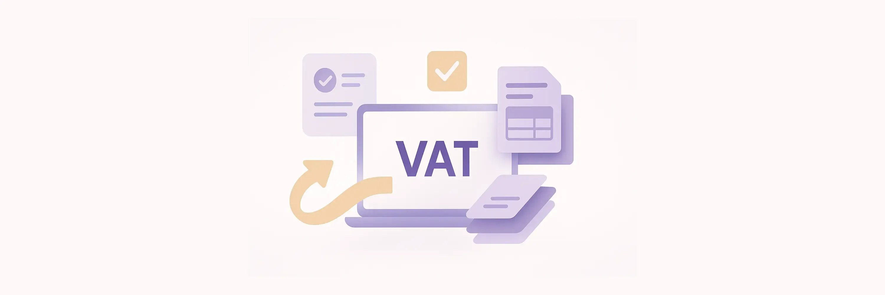 VAT compliance checklist illustration showing laptop with VAT text, tax documents, and check marks symbolizing registration and filing for startups and small businesses.