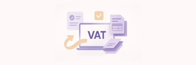 VAT compliance checklist illustration showing laptop with VAT text, tax documents, and check marks symbolizing registration and filing for startups and small businesses.