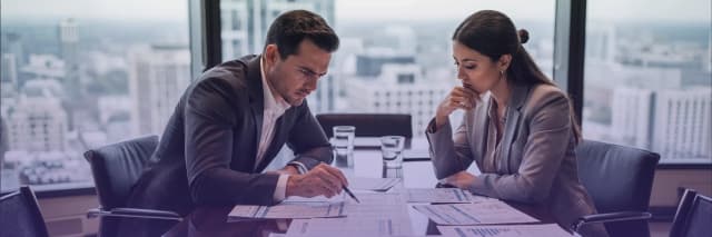 Two business executives analyze financial reports together in a modern office, focusing on data-driven decision-making and performance evaluation