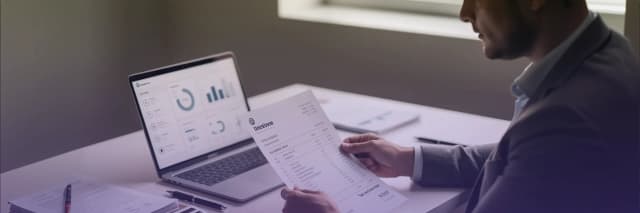 Business professional reviewing financial report and invoice while analyzing data on laptop dashboard, representing accounting, bookkeeping, and financial analysis.