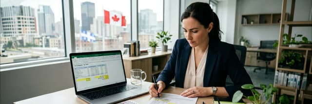 Professional accountant reviewing financial spreadsheet on laptop in modern office with Canadian flag in background