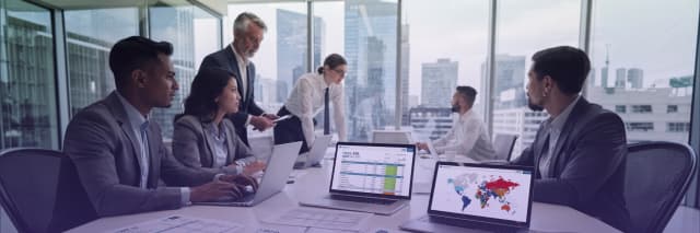 Corporate finance team analyzing global market data and financial reports during a strategy meeting in a modern office with city skyline view