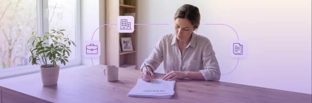 Woman signing documents at a home office desk with digital workflow icons representing business, contracts, and document management