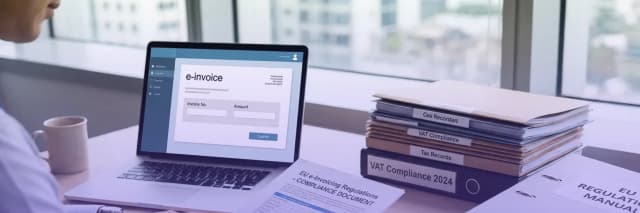 Business professional using an e-invoicing platform on a laptop beside VAT compliance records, tax documents, and regulatory filing folders in a modern office