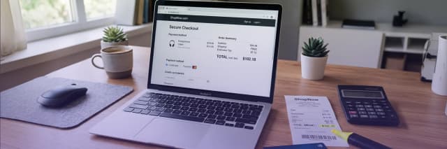 Laptop displaying secure ecommerce checkout page with online payment details, order summary, and total cost on a desk with calculator, receipt, and office items.