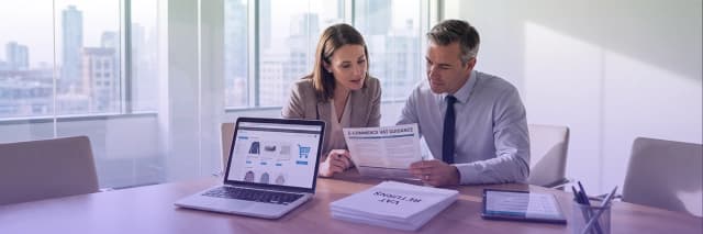 Business professionals reviewing e-commerce VAT guidance documents alongside an online shopping dashboard during a tax compliance consultation