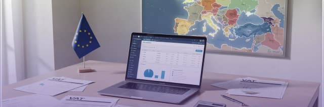 Laptop displaying EU VAT compliance dashboard with tax reports, European Union flag, and map in the background.