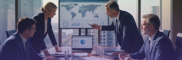 Executive team discussing global market data and financial analytics during business strategy meeting with world map dashboard