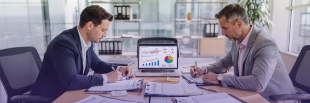 Two financial analysts reviewing reports and charts on a laptop during a business data analysis meeting