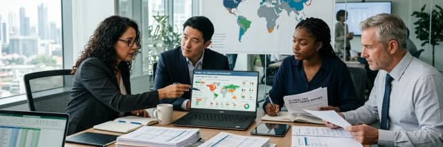 Business team reviewing global tax compliance report with world map and data dashboard during office meeting