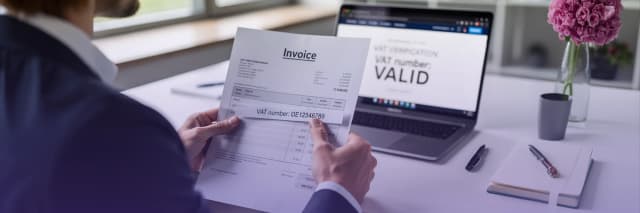 Business professional reviewing invoice with VAT number while verifying tax compliance on a laptop showing VAT validation status