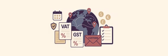 Global sales tax compliance illustration showing VAT, GST, customs, and international e-commerce regulations with world map and checklist.
