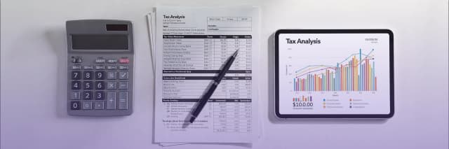 A clean flat-lay image showing tax analysis documents, a calculator, and a tablet displaying financial charts, representing modern tax planning and financial reporting