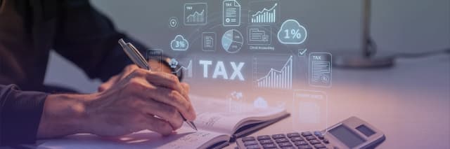 A realistic photo of tax planning and accounting work showing a person calculating finances with a notebook and calculator, overlaid with digital tax, compliance, and financial growth icons