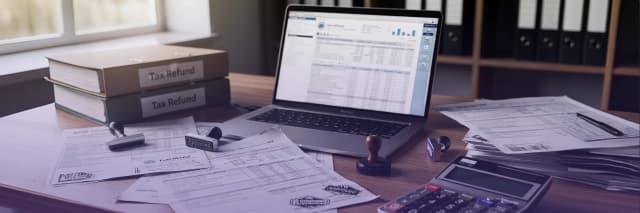 Desk with tax refund documents, approval stamps, calculator, and laptop displaying financial records in an accounting workspace