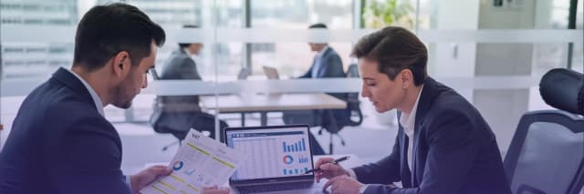 Two business professionals reviewing VAT reports and financial data on a laptop during a corporate meeting