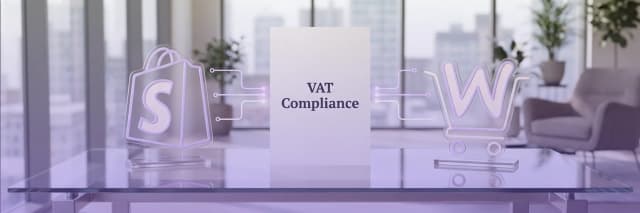 Illustration showing VAT compliance connected to eCommerce platforms like Shopify and WooCommerce