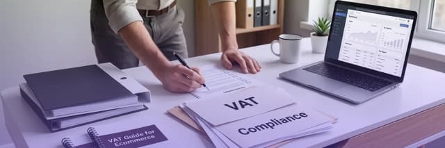 Business professional reviewing VAT compliance documents and tax paperwork at a desk with a laptop displaying financial analytics and reporting dashboards