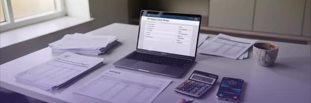 Laptop displaying a VAT registration portal alongside invoices, financial reports, calculator, and smartphone on a desk, representing online tax filing and business accounting