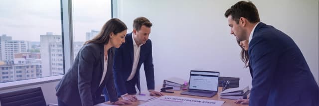 business professionals reviewing VAT registration steps on documents during a corporate meeting with laptop and paperwork