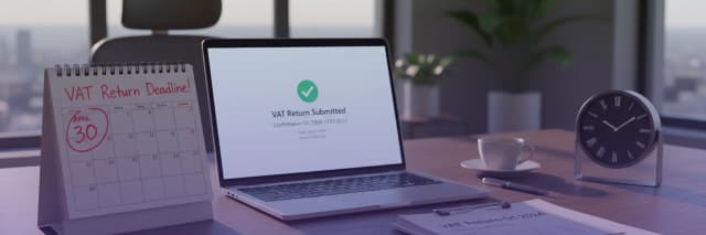 Laptop displaying VAT return submitted confirmation next to calendar marked April 30 deadline in office setting