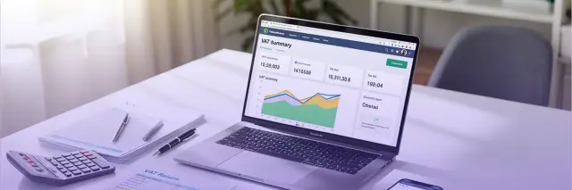 laptop displaying VAT summary dashboard with financial charts next to calculator and paperwork on desk